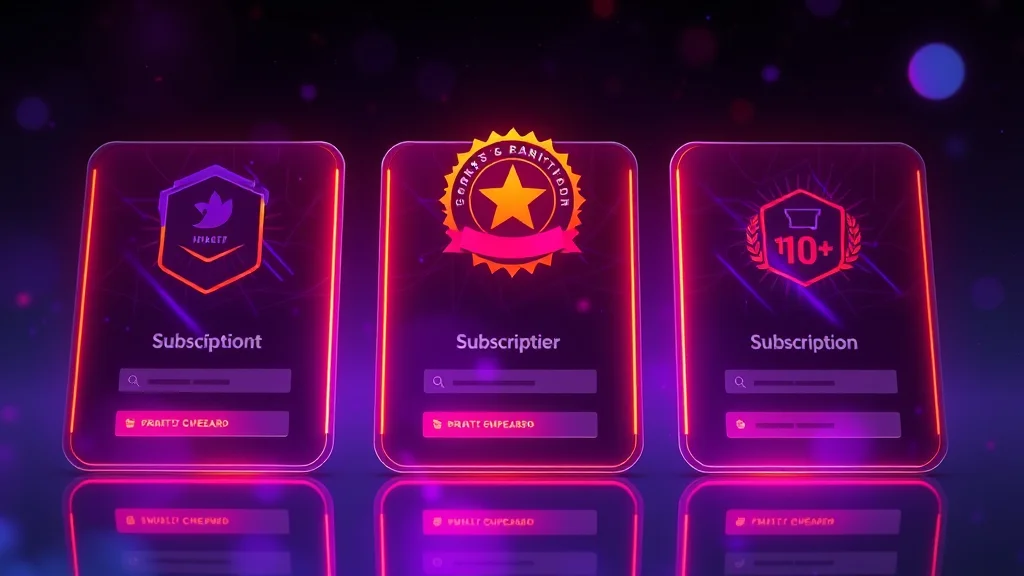 Subscription tier cards with glowing badges, abstract