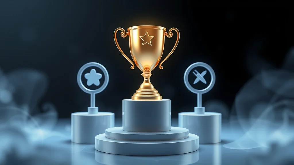 Winner trophy hovering over three platform icons, abstract