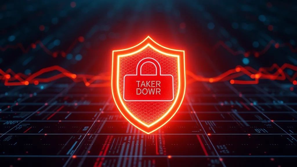 A protective takedown shield over a data grid, glowing on dark