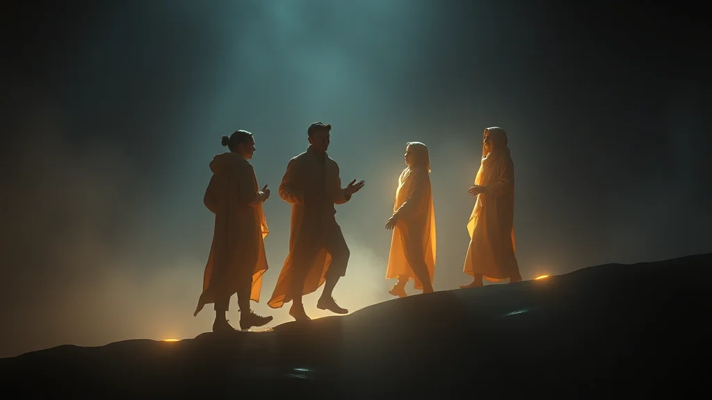 A gathering of luminous companions with one stepping up, abstract alternatives