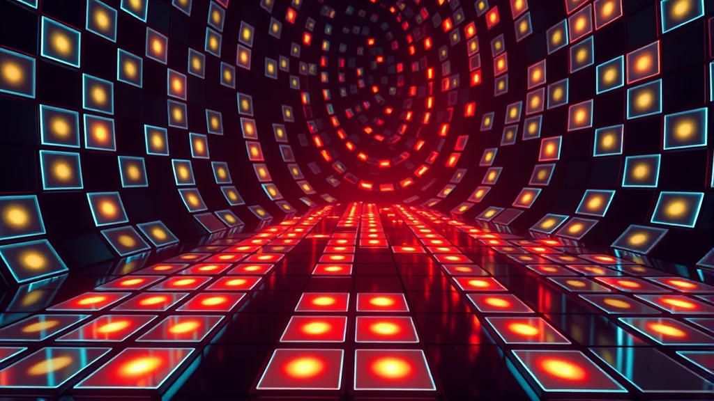 Abstract array of many identical glowing tiles streaming on dark, editorial concept