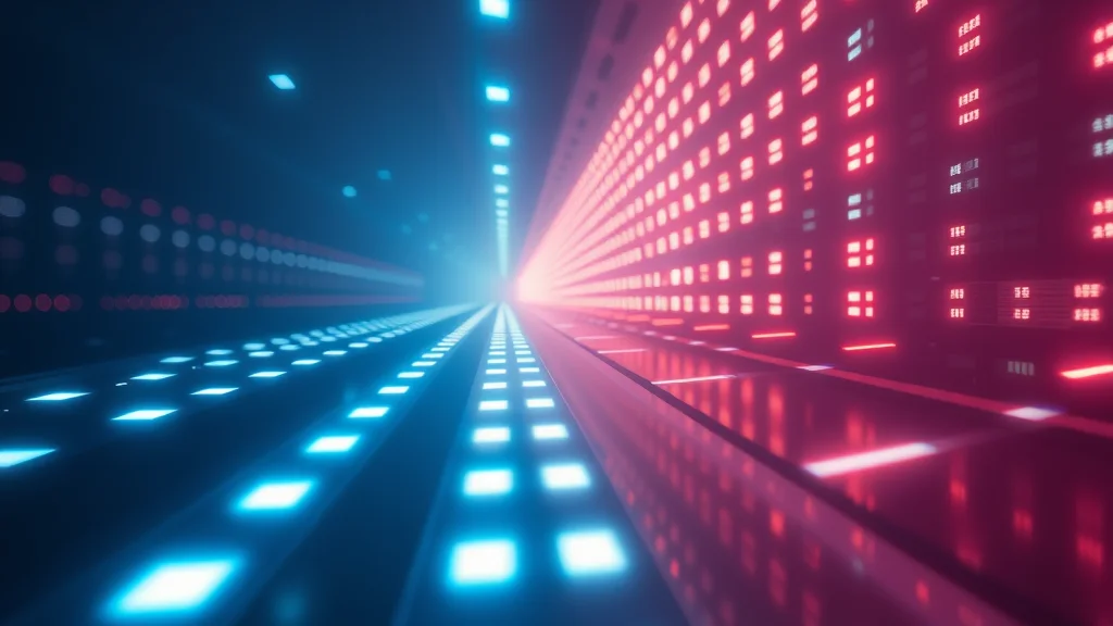 A luminous conveyor emitting rows of light squares, abstract volume
