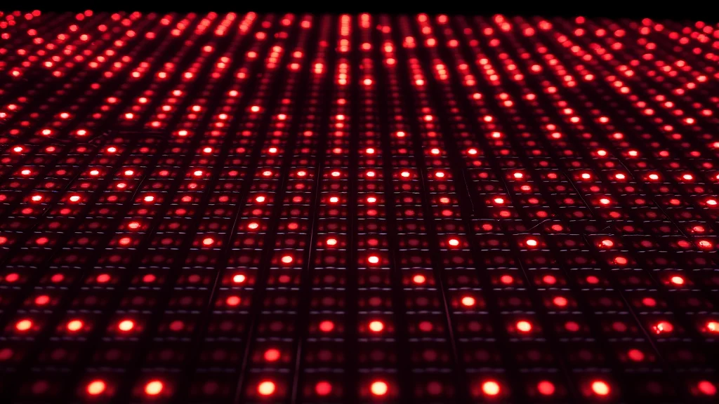 Repeating grid of small glowing tiles on dark, neon on dark