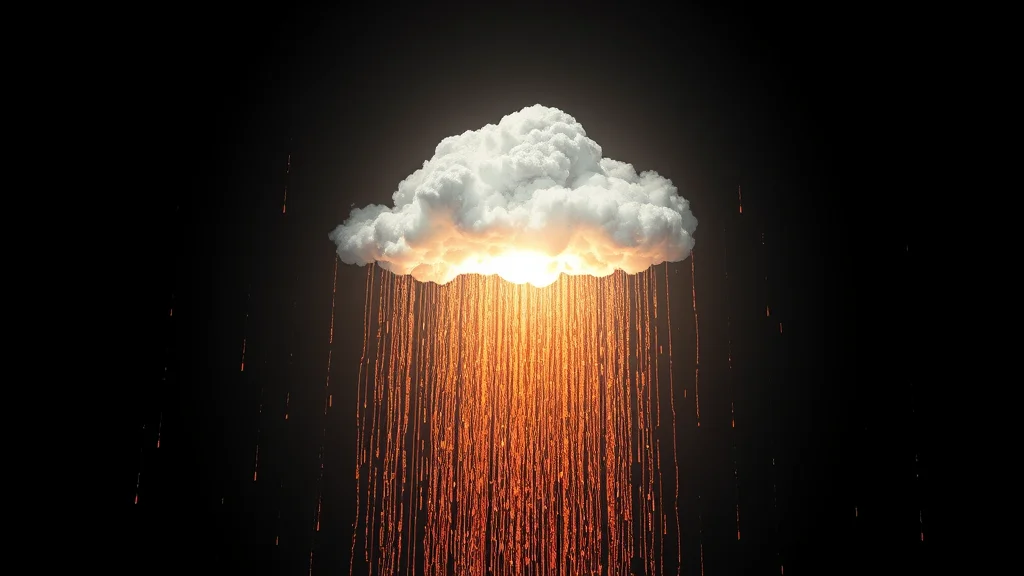 Luminous data rain from a bright cloud on dark, abstract