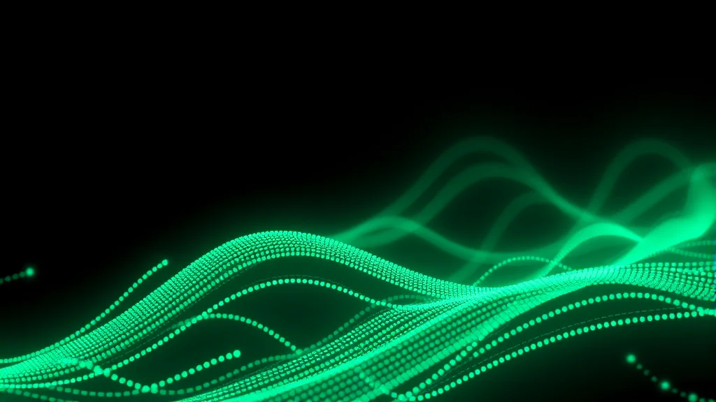 Abstract rows of green cyan pulses flowing on dark, editorial concept