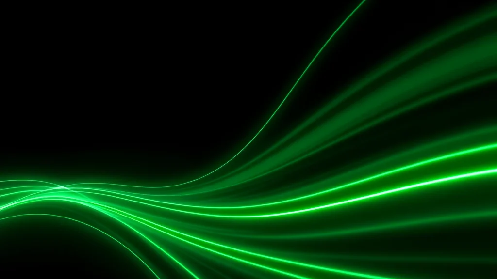 Green on black flowing light rows, neon on dark