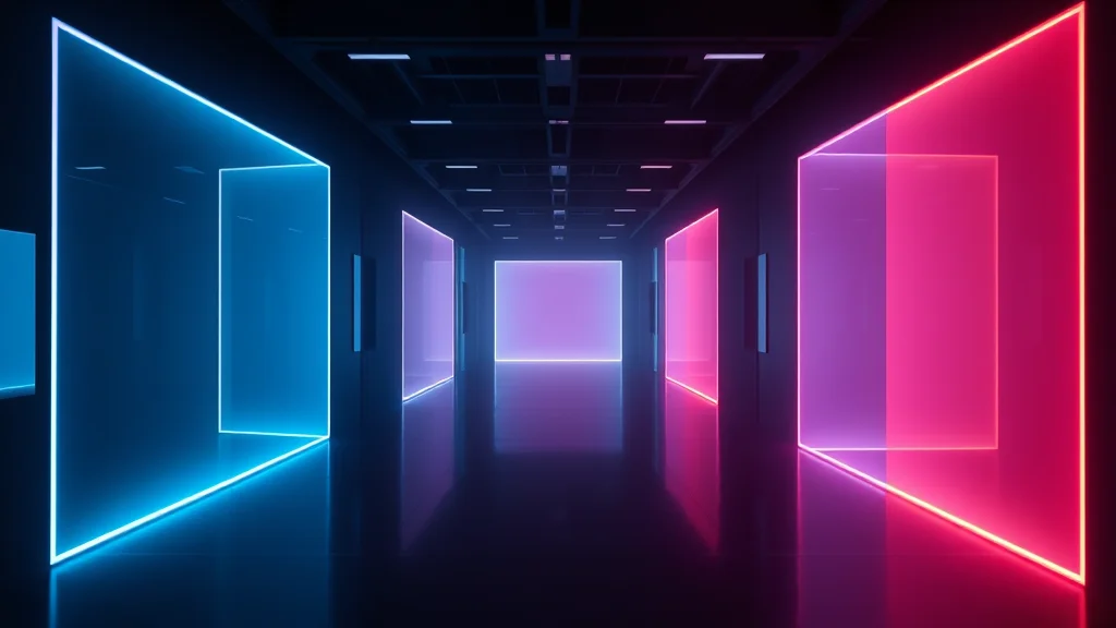 Layered luminous rectangles at depth suggesting a workspace, abstract