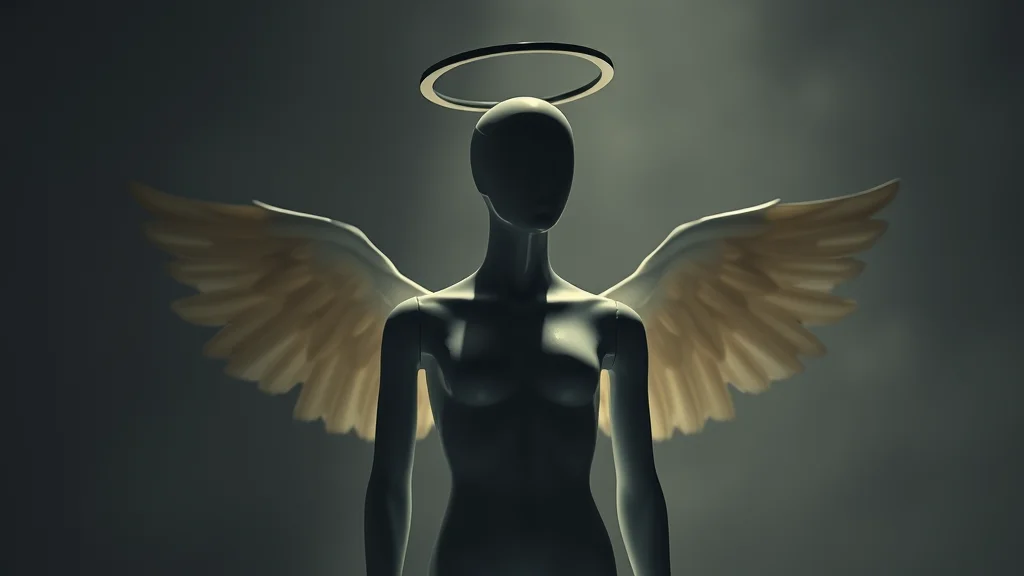 A faceless winged mannequin silhouette with a halo, abstract concept