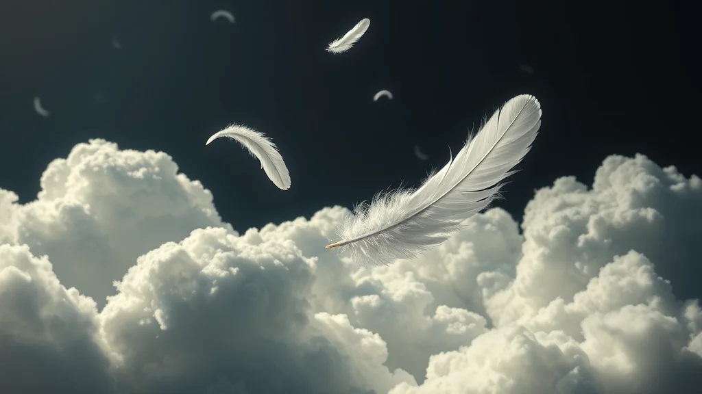 White feathers drifting through soft heavenly clouds, on dark