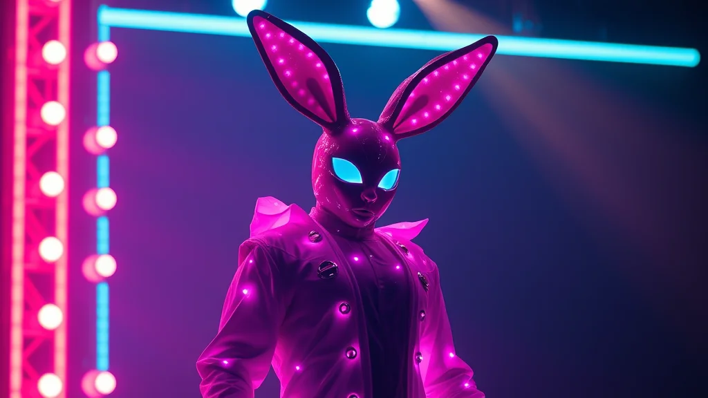 A glamorous stage light bunny suit mood board, neon nodes on dark