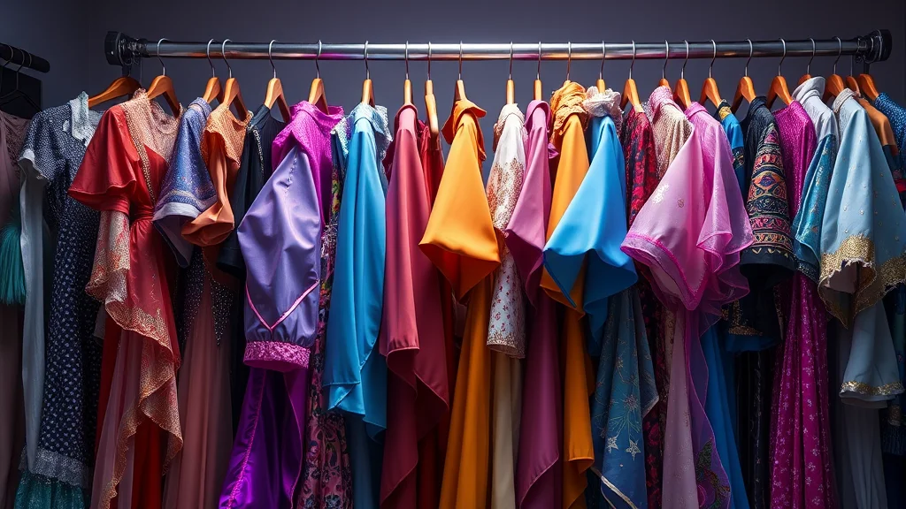 A wardrobe rack of colorful fantasy costumes, abstract concept