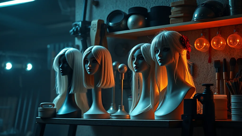 Wig stands and cosplay props on a workshop shelf, glowing on dark