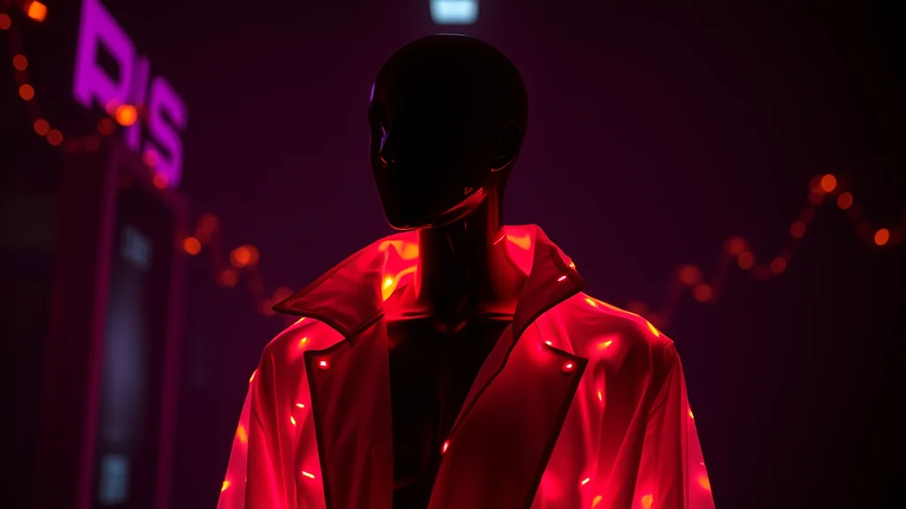 A faceless mannequin in a vibrant costume silhouette, neon nodes on dark