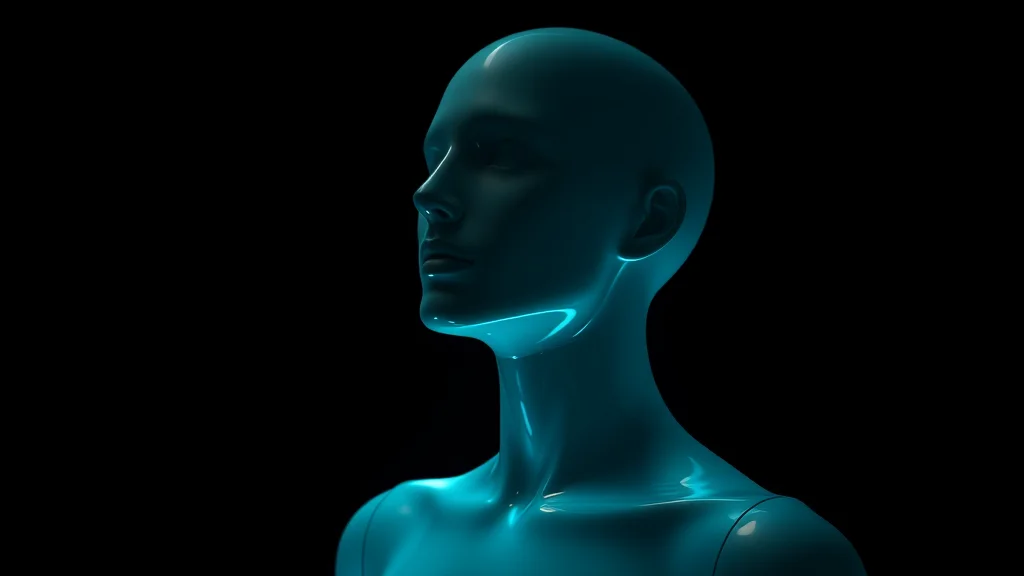 A faceless mannequin in glossy latex silhouette, glowing on dark