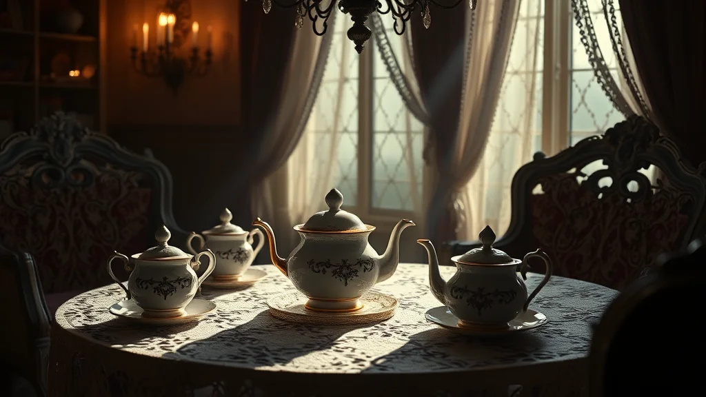 A lace and tea set parlor motif in soft light, on dark
