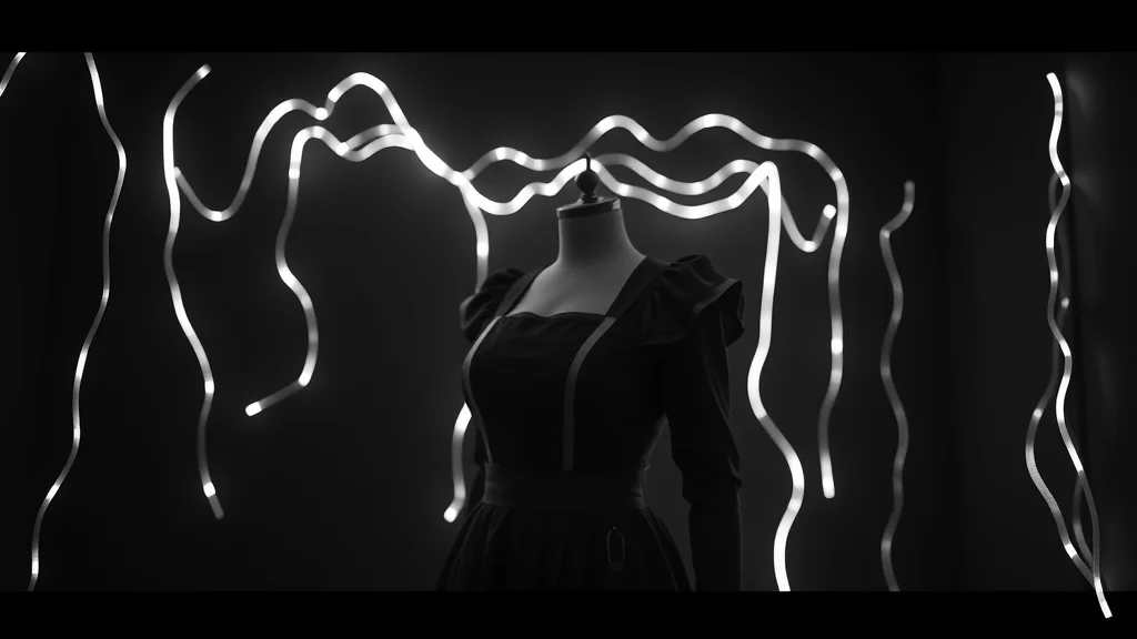 A black and white maid wardrobe mood board, neon nodes on dark