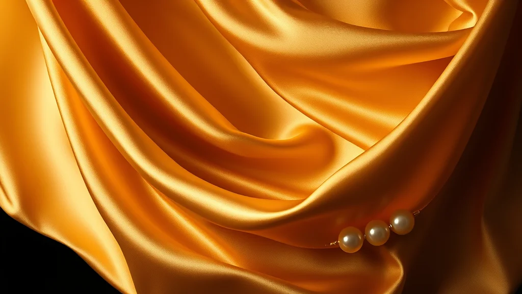A refined silk drape and pearl motif in golden tones, on dark