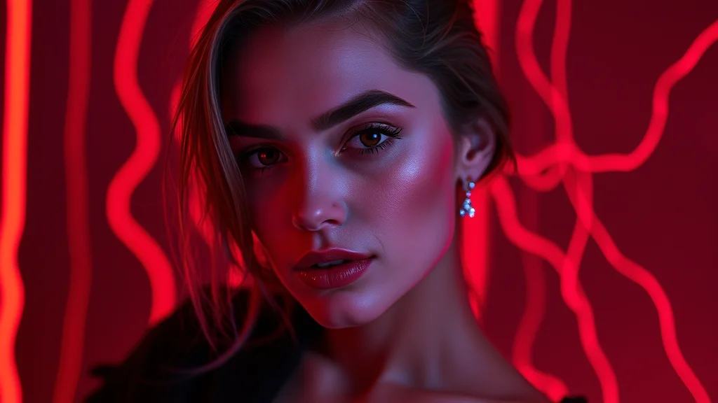 A confident mature glamour mood board of warm palettes, neon nodes on dark
