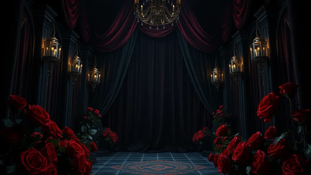 Crimson roses and black velvet drapes in a castle hall, on dark