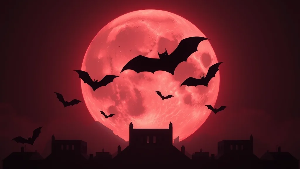 Bat silhouettes over a blood moon mood board, neon nodes on dark