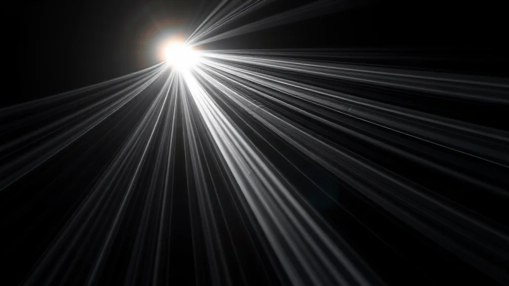 Abstract several light paths fanning from one origin on dark, one brighter, editorial concept