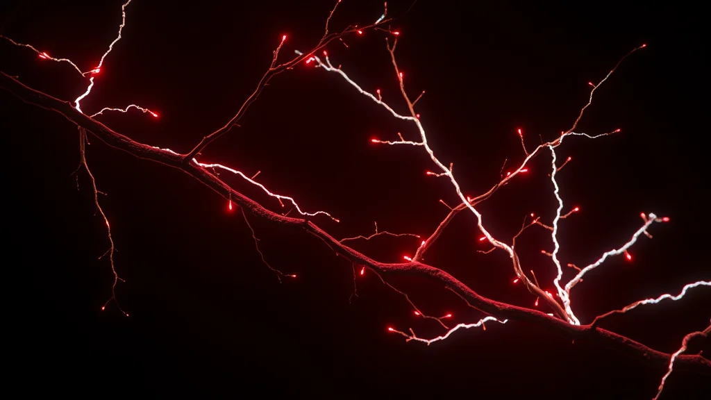 Branching luminous ways across the dark, neon on dark
