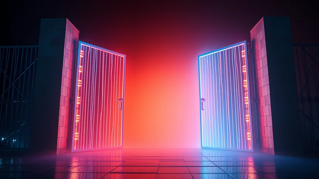 Soft amber to blue transition through an open gate, neon nodes on dark