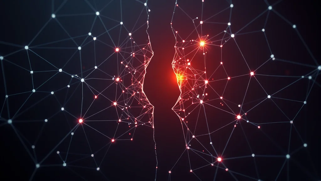 Abstract node lattice reconnecting a broken gap on dark, editorial concept