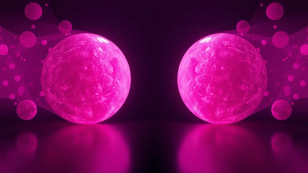Abstract pink and violet orbs facing across a dark divide