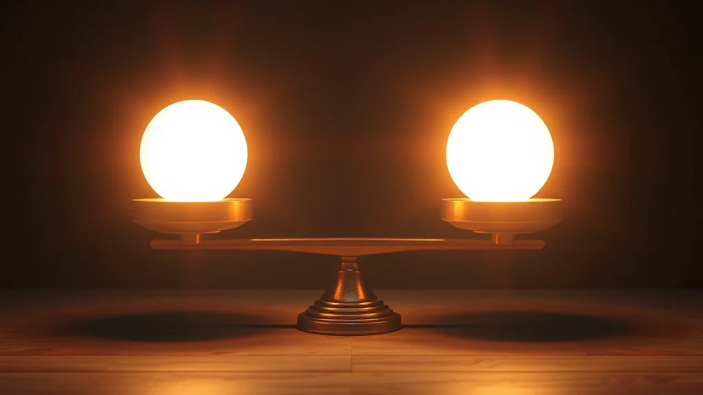 Two glowing light sources weighed against each other, abstract concept