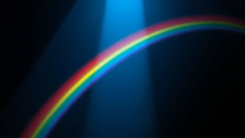Abstract rainbow ribbon meeting a clean blue beam on dark