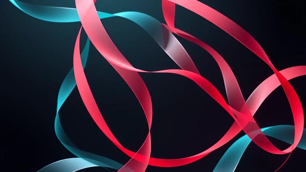 Abstract coral and teal ribbons weaving on dark