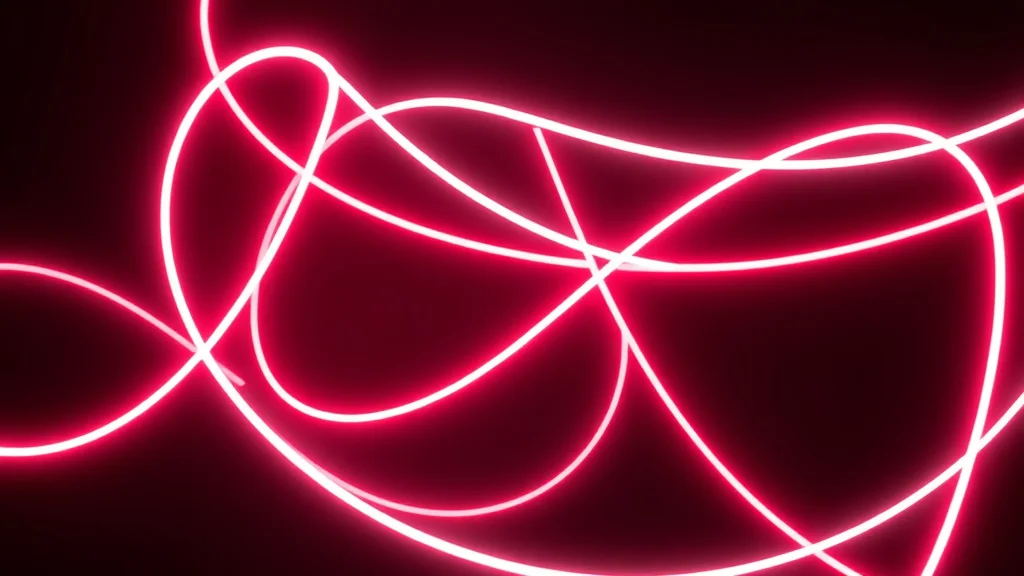 Intertwining chat-light ribbons on dark, neon on dark