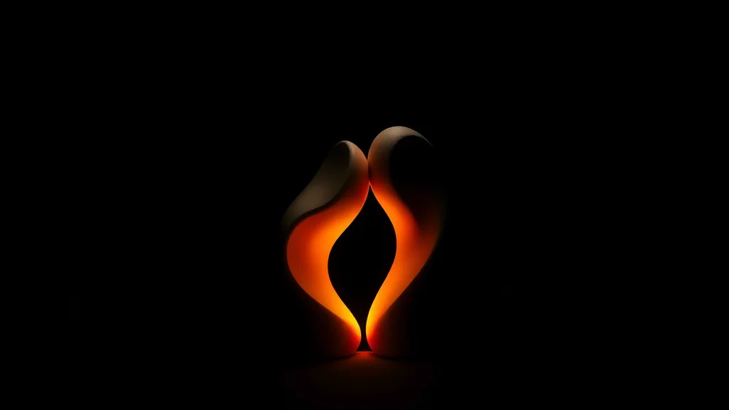 Abstract two warm forms leaning gently together across a small gap on dark, editorial concept