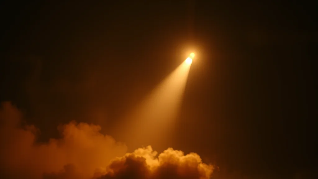 A single focused light completing a launch, abstract concept