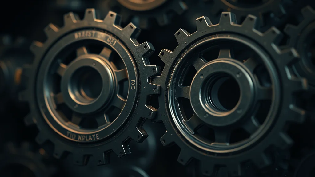 Abstract mismatched gears realigning into motion, on dark