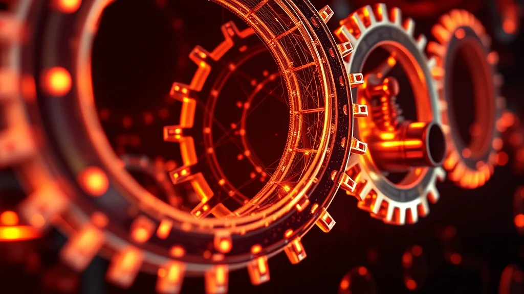 Smooth meshing gears of light after a repair, neon nodes on dark