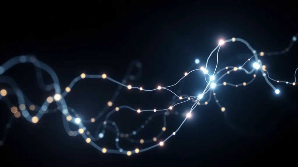 Abstract winding branching thread of light with bright nodes on dark, editorial concept