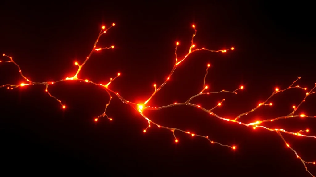 A branching glow with points of light along it, neon on dark