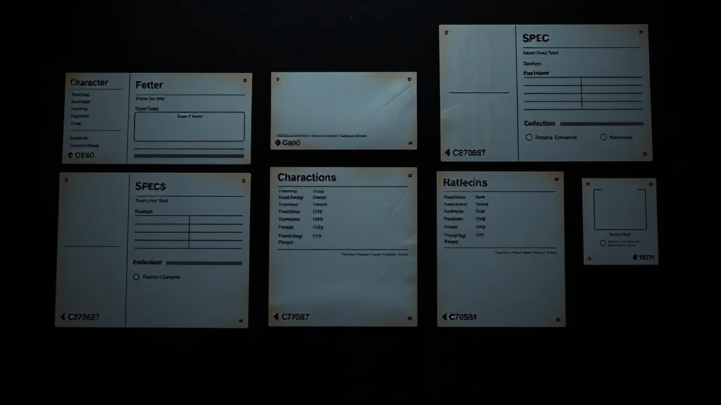 A set of neat blank character spec cards and swatches, glowing on dark