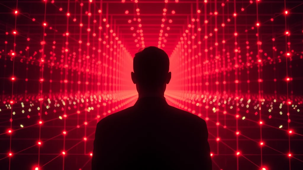 One faceless identity silhouette anchored in a repeating grid, neon nodes on dark