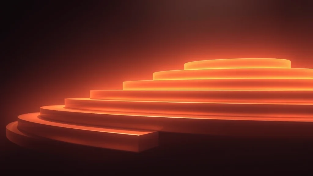 Abstract glowing tiers descending gently one to the next on dark, editorial concept