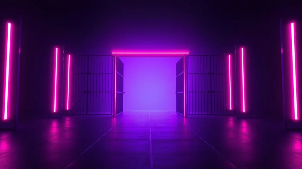 Passed gates fading behind a clear open space, neon on dark
