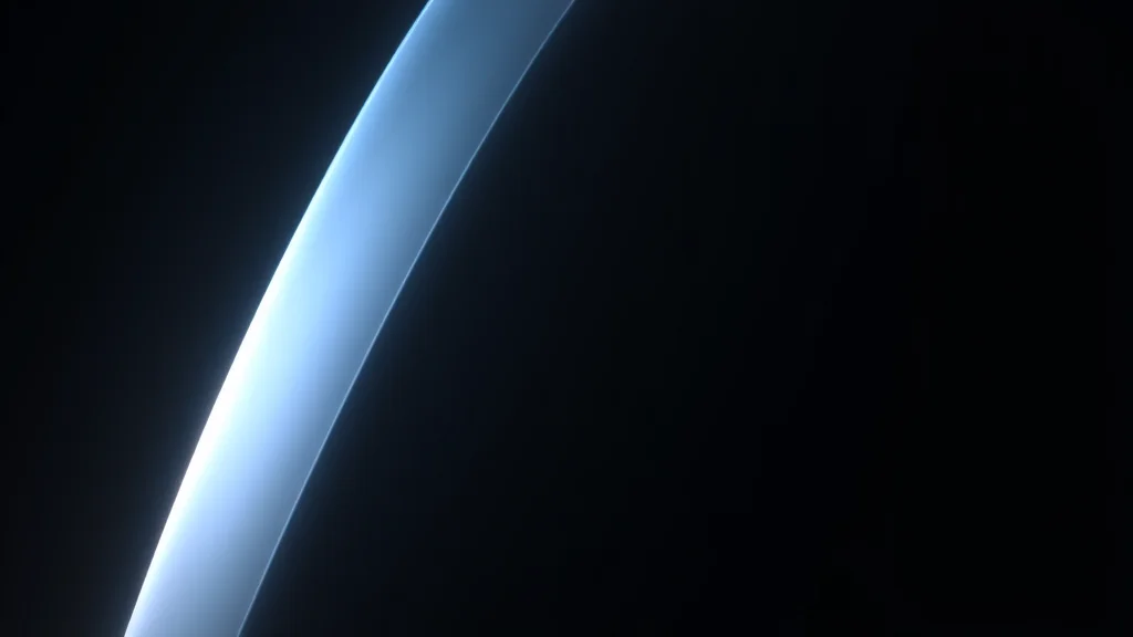 Abstract ribbon of light fading to nothing at a clear point on dark, editorial concept