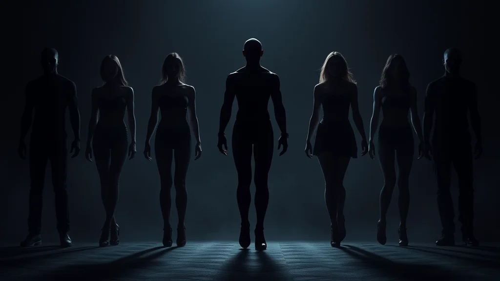 A row of silhouette design variants exploring body and outfit, on dark