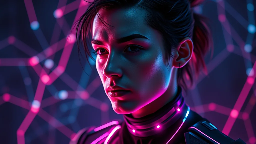 A character concept mood board with swatches and forms, neon nodes on dark