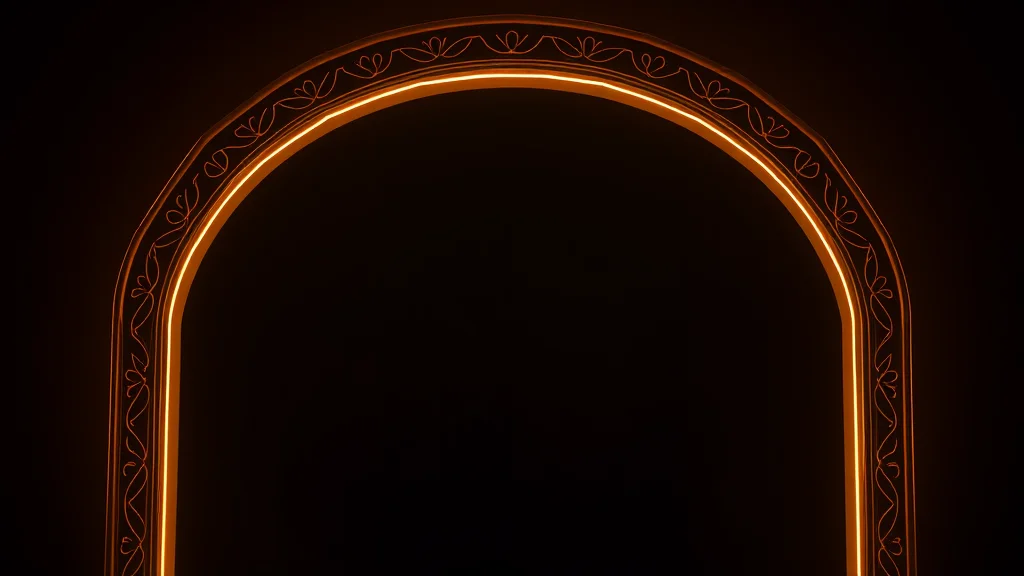 A Mucha style arch and halo decorative frame, muted palette, glowing on dark