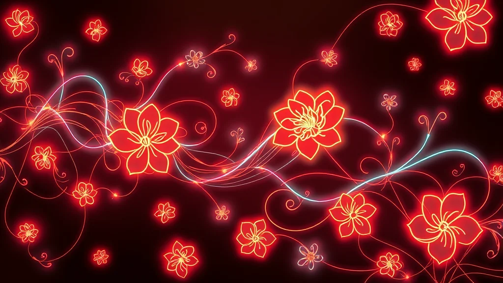 Flowing organic art nouveau linework and floral motifs, neon nodes on dark