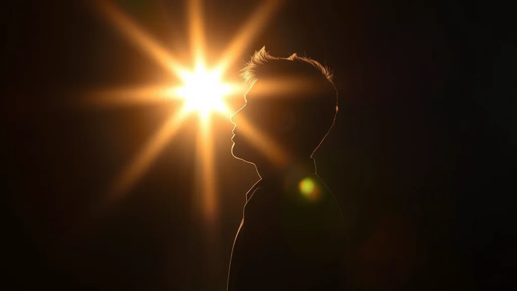 A silhouette with lens flare against a bright light source, glowing on dark