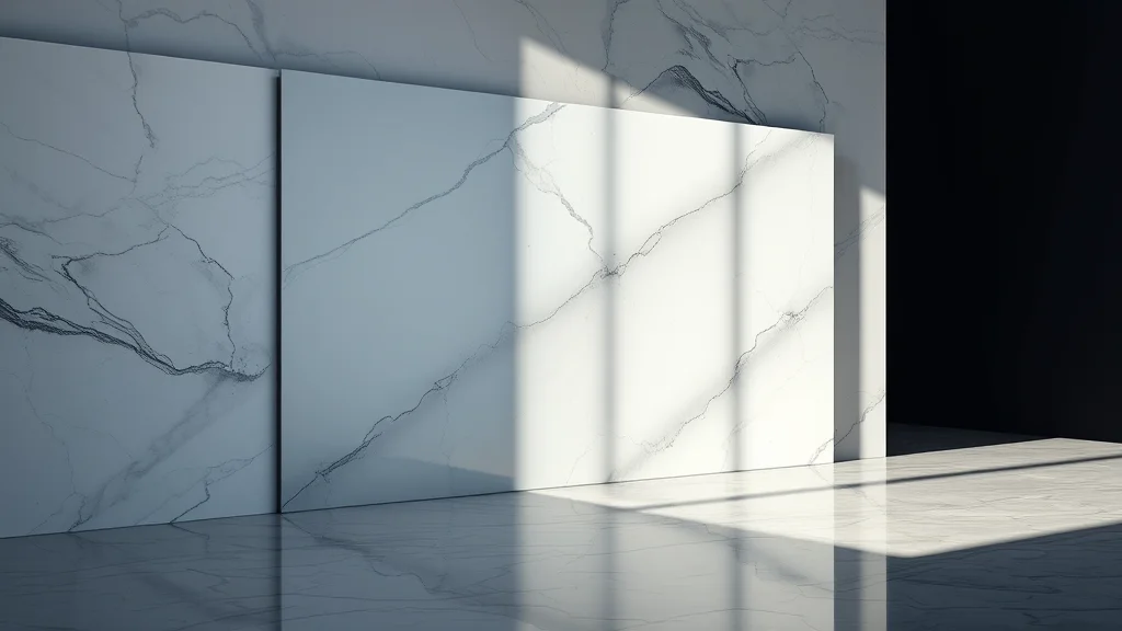 A large mirror and marble tile in soft daylight, glowing on dark